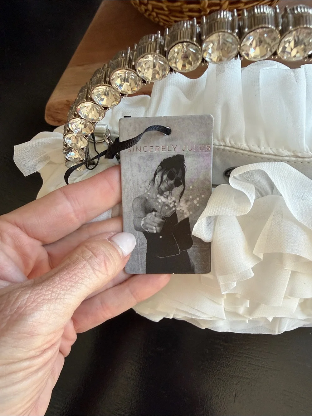 Sincerly Jules White Ruffle Clutch with Crystal Handle